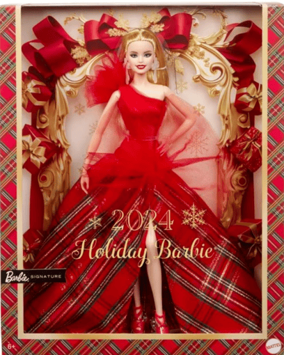 Holiday Barbie sits in AI-designed festive box 