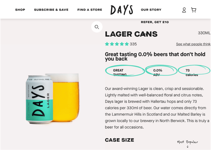 alcohol-free Days Lager landing page in which the drinks are presented by marketers as tasting great and low in calories