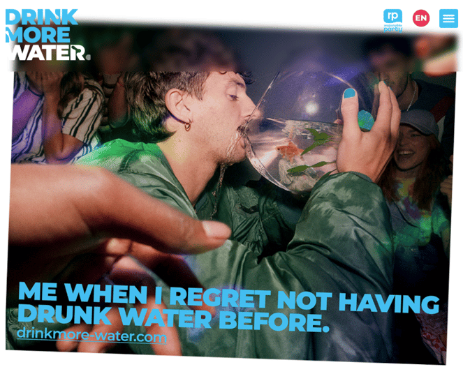 man at a party drinkers from a fish bowl with the tagline: “Me when I regret not having drunk water before.” 