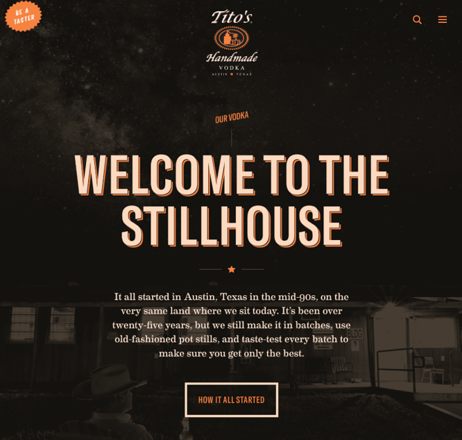 Tito’s homepage welcomes visitors to the “Stillhouse.”