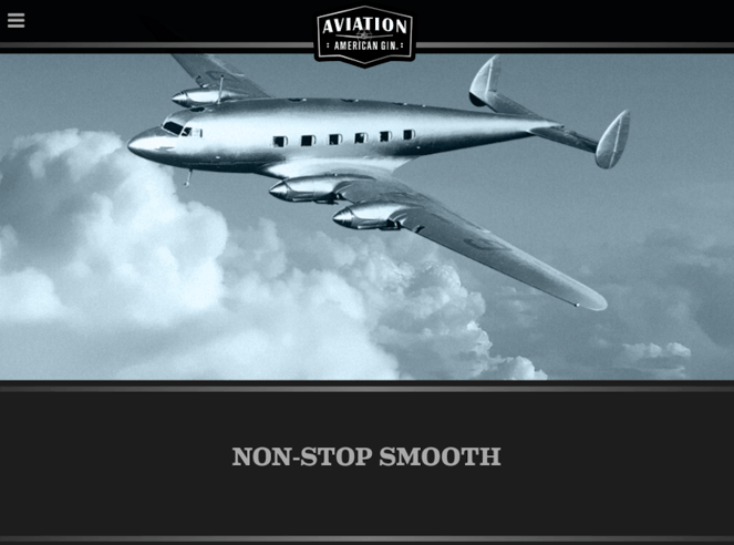 Aviation Gin’s homepage shows playful copy including “non-stop smooth.”