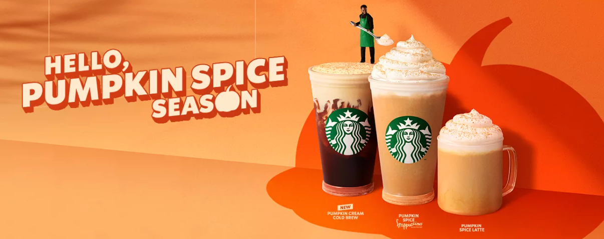 Image shows mini Starbucks' employee spooning cream on top of a Pumpkin Spice Frappuncino, two other drinks sit by its side. Tagline reads: Hello, Pumpkin Spice Season.