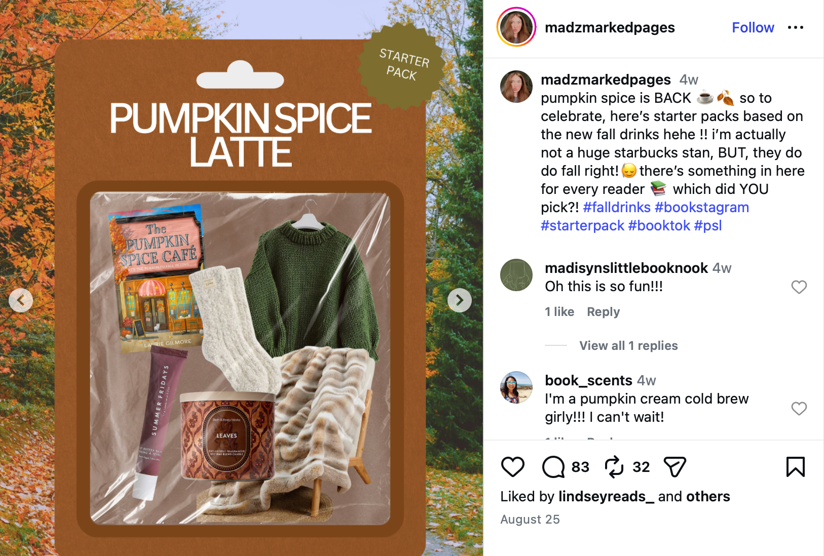 Pumpkin Spice Latte starter pack includes several fall-themed items like cozy clothing, a book and lip butter.