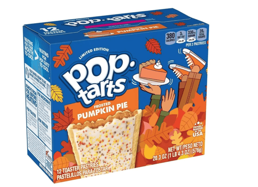 Pop-Tarts’ package shows burnt orange leaves and a slice of pumpkin pie held up on a plate by figure on box.