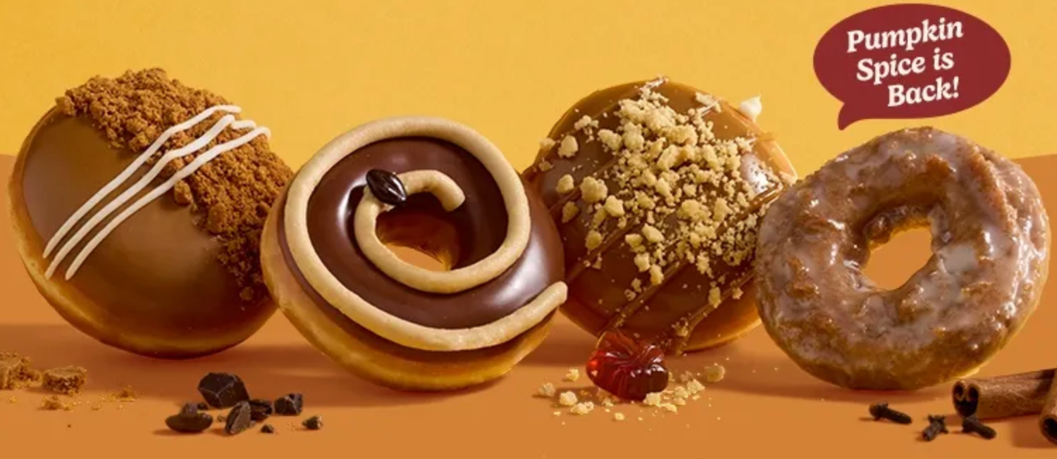 Line up of fall doughnuts with message, “Pumpkin Spice is back.”