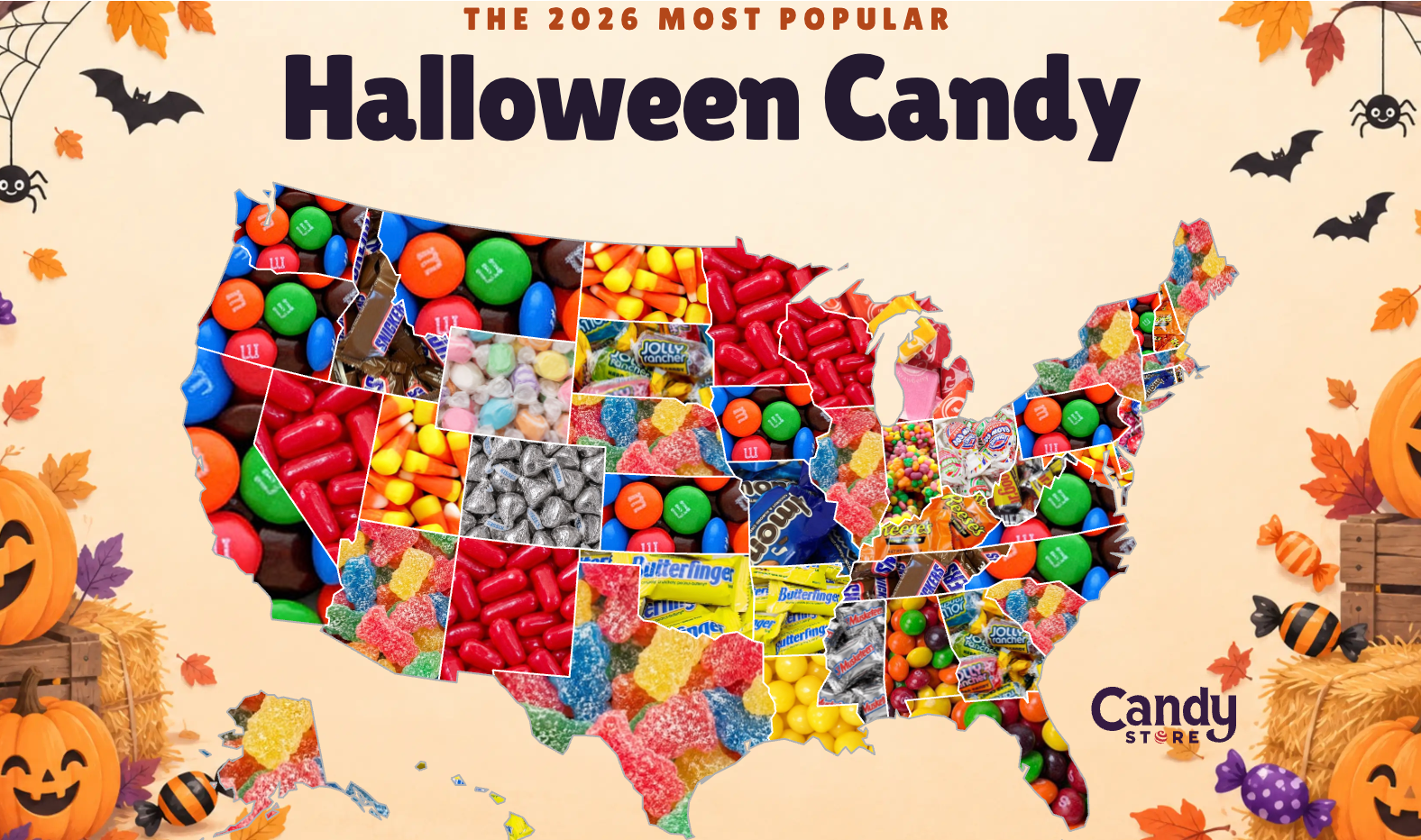 Different states show their favorite candy based on CandyStore’s rankings.