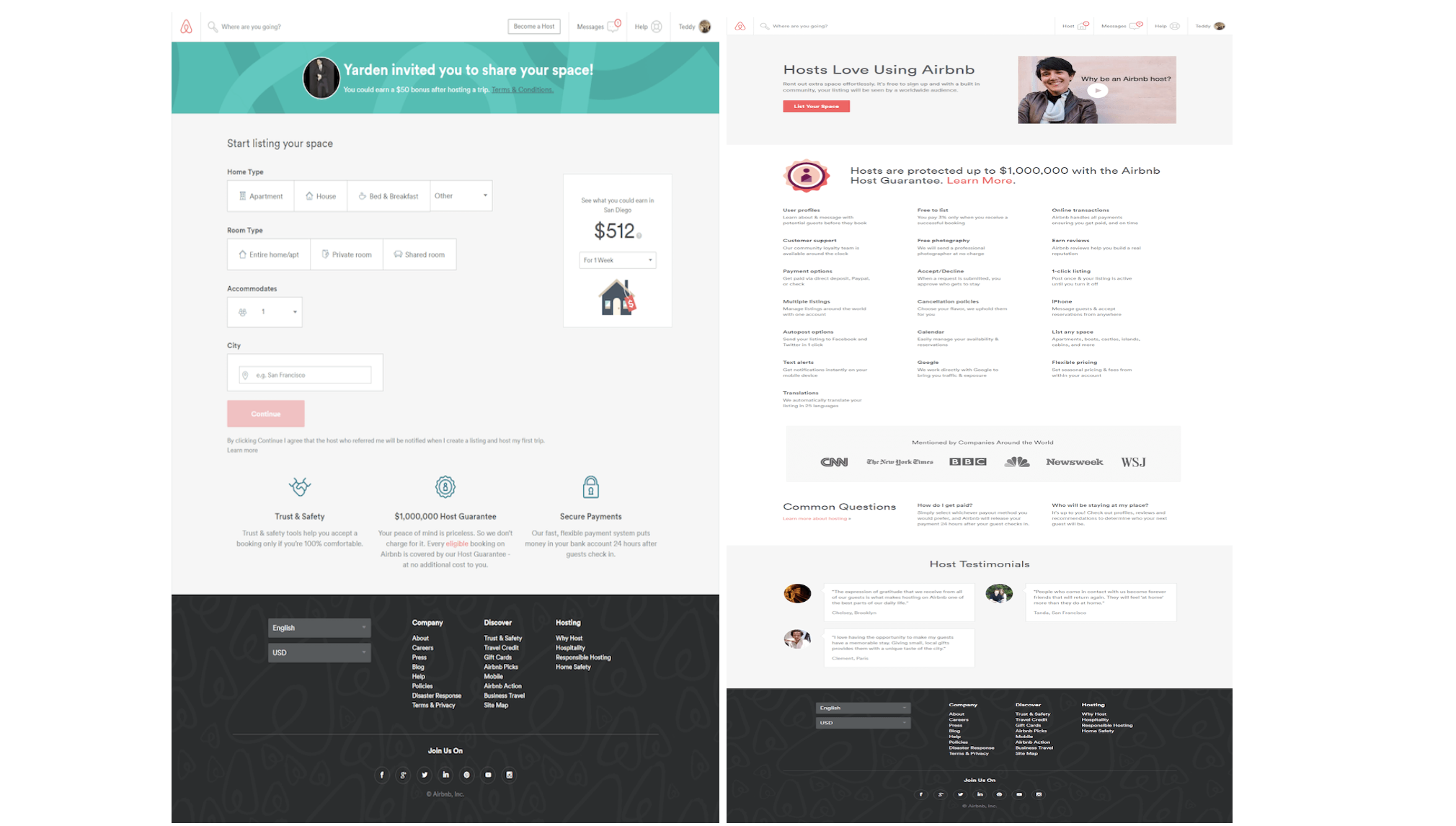 two screenshots of landing pages for Airbnb, one says “Yarden invited you to share your space” at the top with a small oval image of a person and a teal-colored header, the second says “Hosts Love Using Airbnb” with a gray header and a slightly larger image that is an embedded video. 