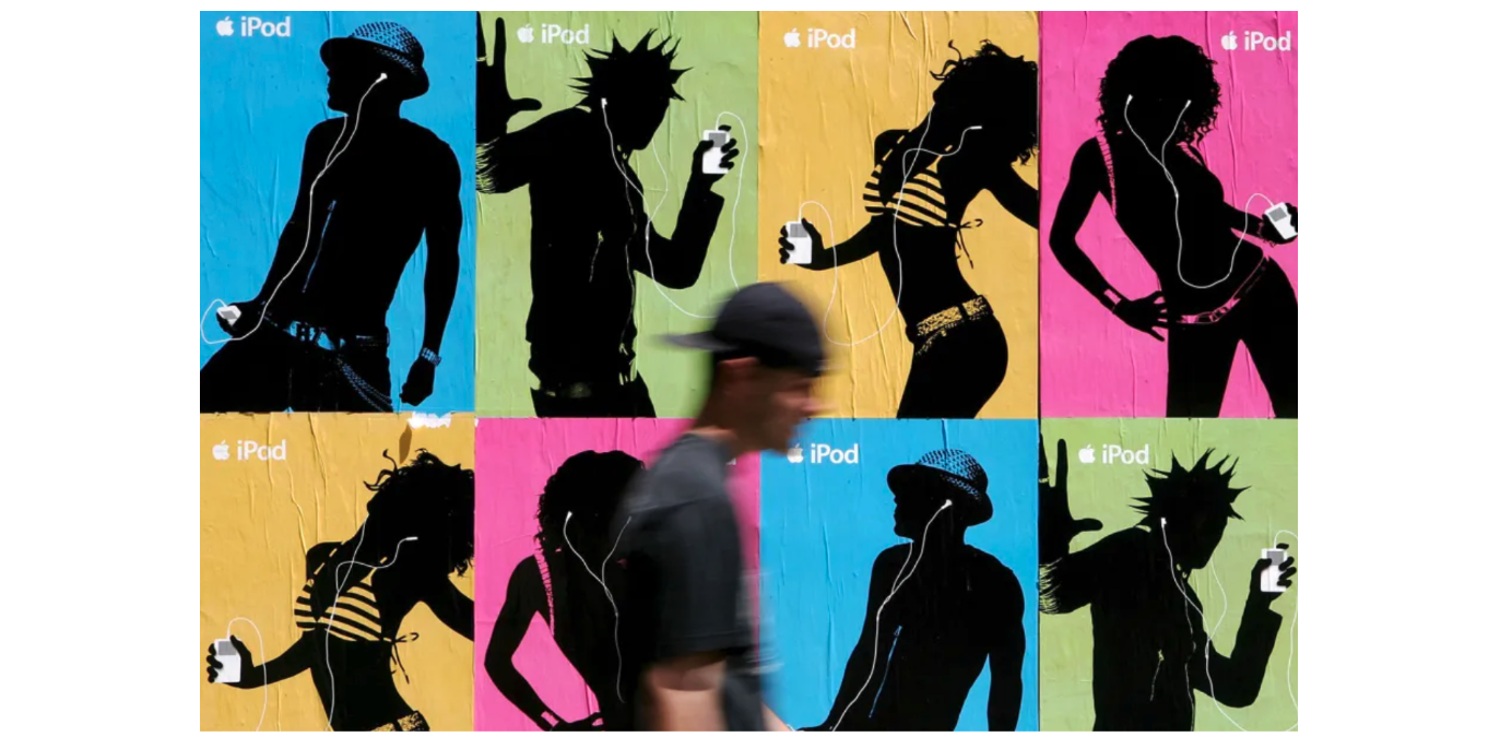 Apple’s famous iPod campaign of dancing silhouettes on colorful backdrops.
