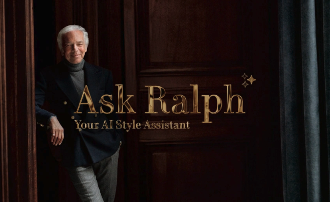 Ralph Lauren's Ask Ralph AI style assistant as Ralph Lauren in a turtleneck and suit jacket leaning against a dark wood doorframe 