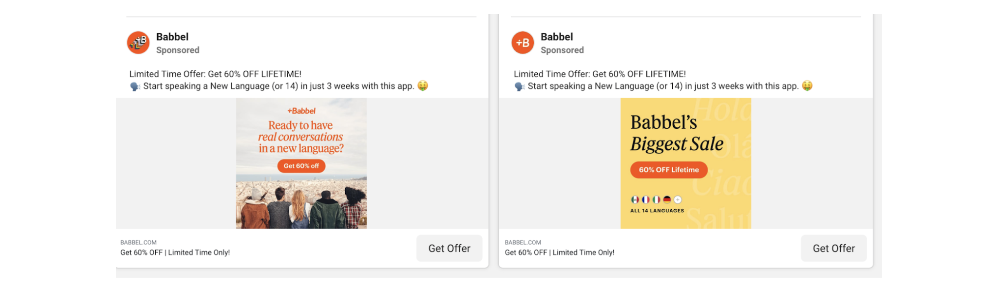 a screenshot showing two ads for the language-learning app Babbel that are the same except for a different image
