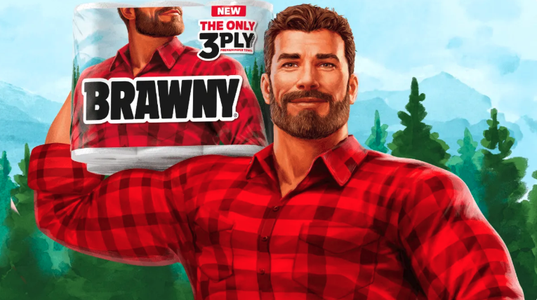 Summon the Strongest campaign image featuring Brawny three ply and the new Brawny Man brought to life in red plaid flannel
