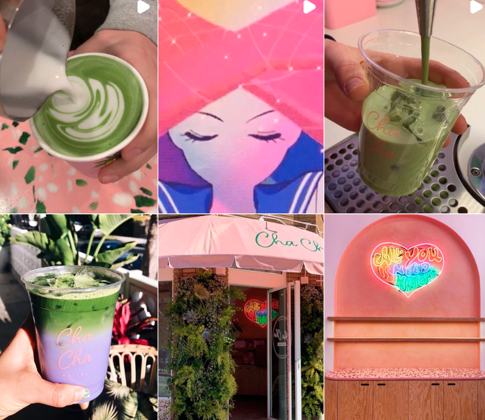 Cha Cha Matcha’s Instagram feed features several colorful matcha drinks. 