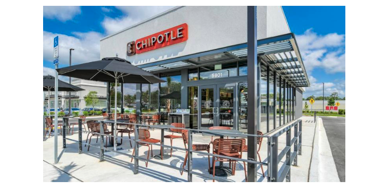 photo of the exterior of a Chipotle restaurant, with a patio with tables, chairs and umbrellas in front