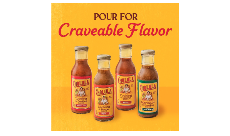 Image of four Cholula Cooking Sauces in a row on a yellow background