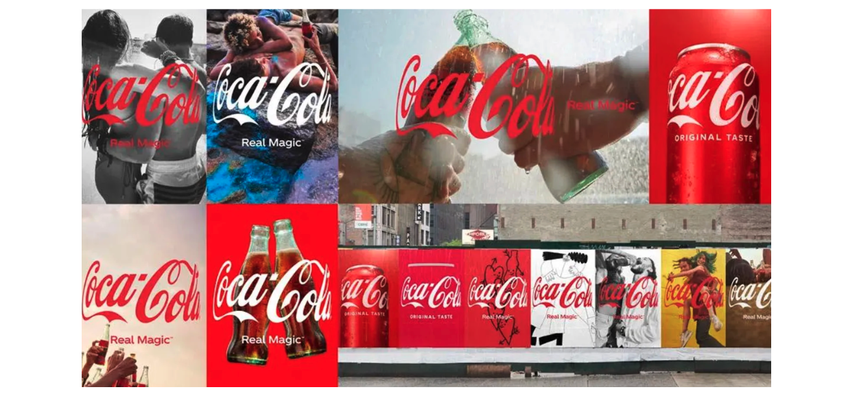 Various forms of Coke branding and creative. 