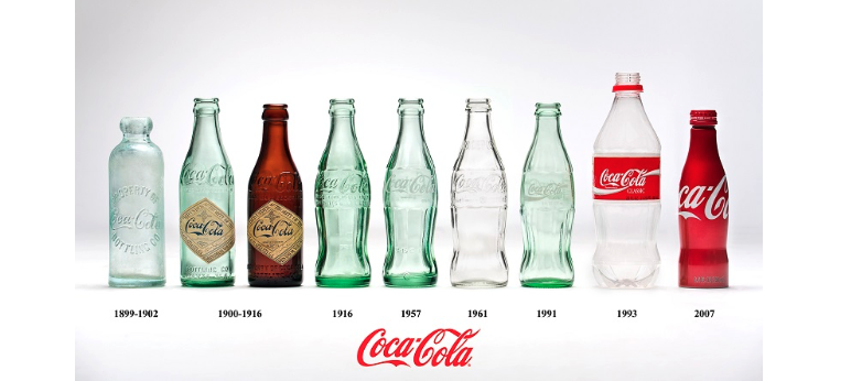 A row of Coca-cola bottle designs from 1899-2007 illustrates minor changes in the famous brand’s packaging