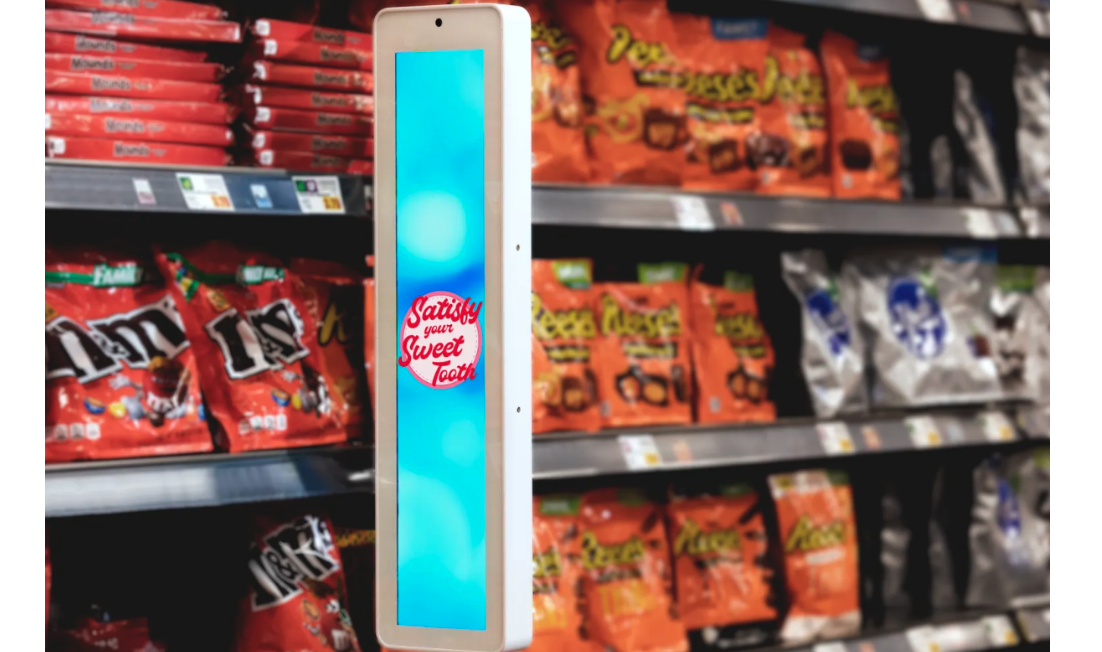 end cap advertises product in snack aisle