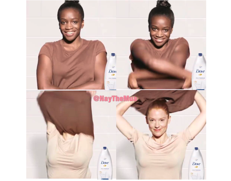 A four panel image each with a bottle of Dove body wash in the bottom right corner: top left, shows a smiling black woman wearing a brown shirt, top right, shows the same woman beginning to remove her shirt. Lower left, the brown shirt covers the woman’s face as she removes it, revealing a light, cream colored shirt below, lower right, the brown shirt is removed, revealing a white woman