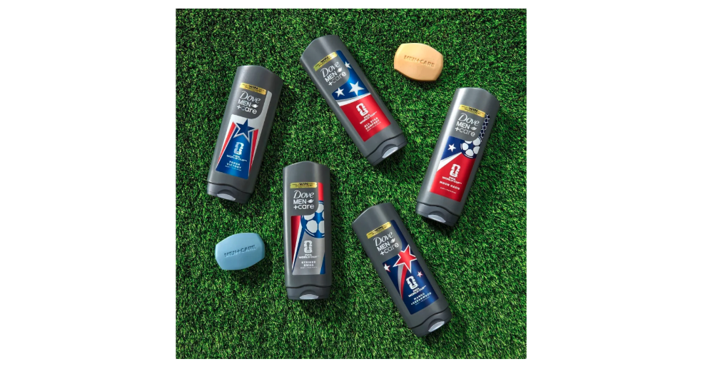Dove Men+Care FIFA World Cup body and face washes placed across grass turf
