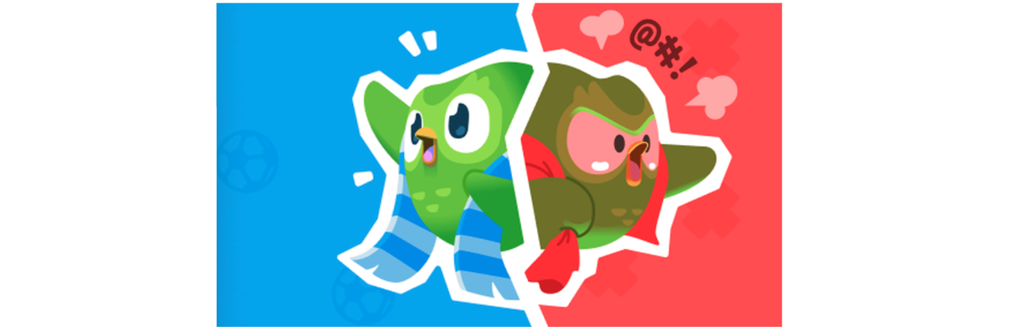 One Duolingo bird has a football scarf around its neck, another has a red towel around its neck. A white line divides them. 