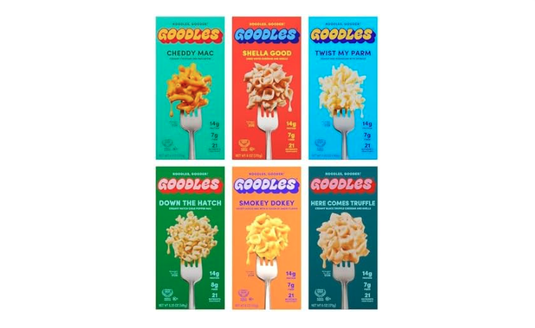 Image of Goodles mac and cheese brand with six boxes of different colors and flavors in a grid
