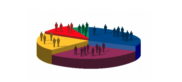 a multi-colored circle divided into segments of different colors, with groups of silhouettes standing on each segment