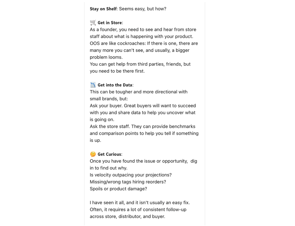 Excerpt from Kathryn Tuttle’s LinkedIn profile in which she recommends CPG brands monitor how their products are performing in store by speaking directly to store staff, monitor data, and uncover the why between problems and opportunities. 