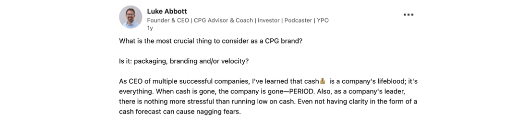 Luke Abbot emphasizes that cash is a company’s lifeblood in a LinkedIn post. 