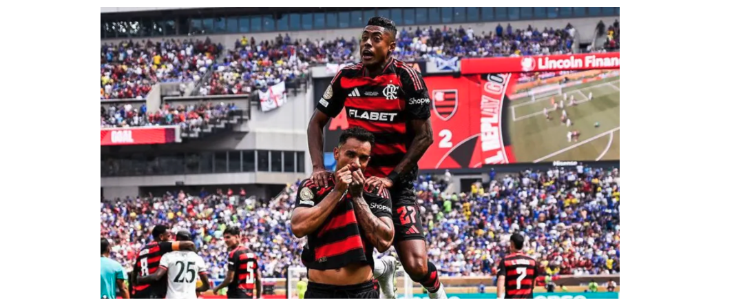 Flamengo team celebrate a goal against Chelsea.