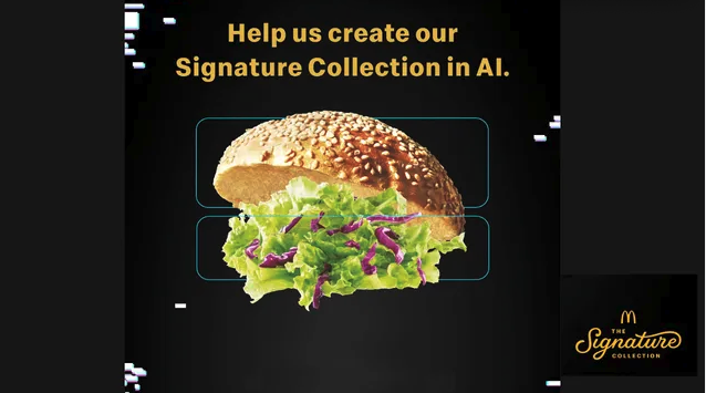 image of top burger bun and lettuce on black background with messaging from McDonald’s to help them create their signature collection with AI