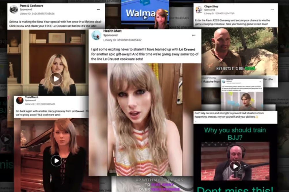 several celeb deepfake videos promoting products (including deepfakes of Taylor Swift)