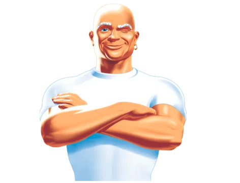 cartoon image of a smiling bald man, with heavy, white eyebrows winking. His arms are crossed, he wears one gold hoop earring and a white T-shirt