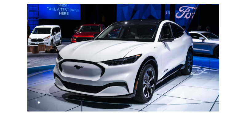 photo of a white Ford Mach-E taken from the front left in a show room