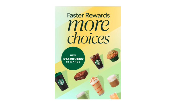 Starbuck faster rewards promo image on yellow and green background with small images of baked goods and drinks from the brand