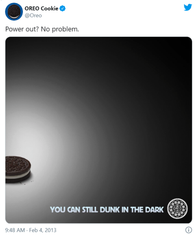 Oreo shares an image of a cookie in a dimly-lit room with the caption: “You can still dunk the dark.” 