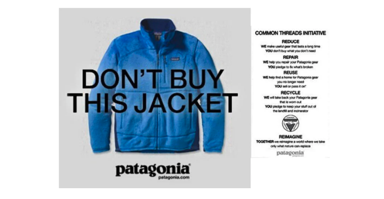 Patagonia's Don't Buy This Jacket promo with image of blue puffer down jacket 