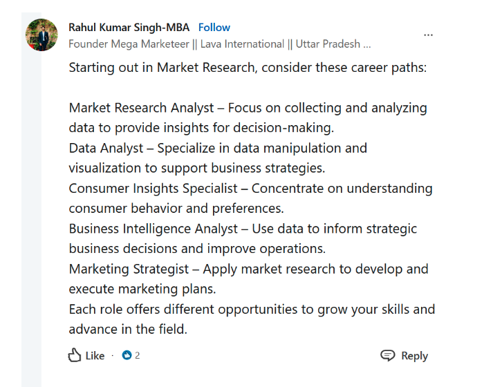 LinkedIn post on market research career paths