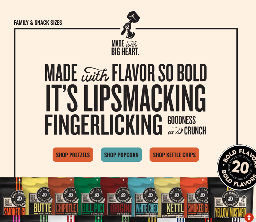 The homepage shows bold copy and several different innovative flavors of chips. 