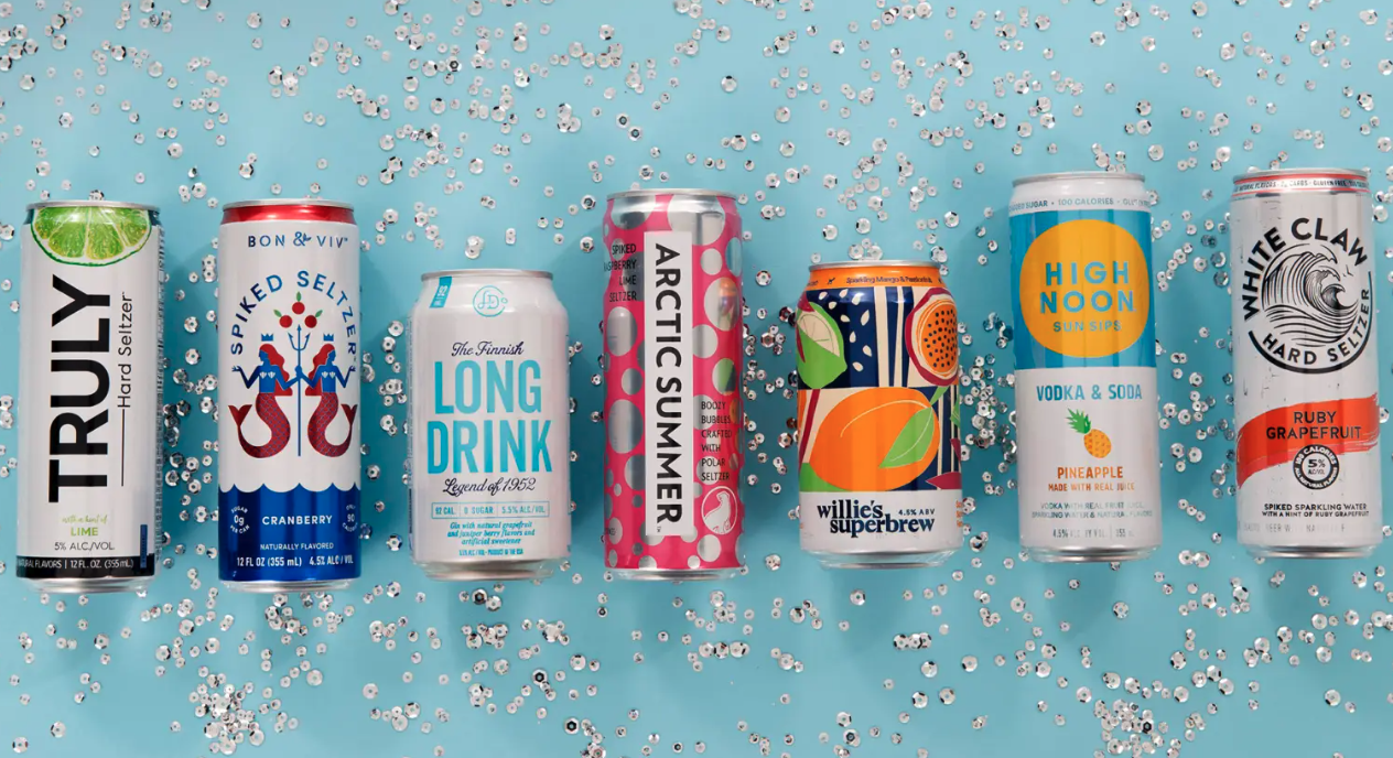 line up of established seltzer brands including White Claw, Truly, High Noon and more