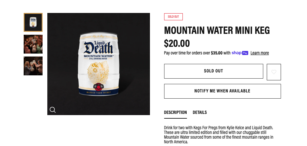 Liquid Death limited edition kegs on website