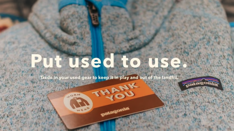 Campaign photo for Patagonia’s Worn Wear program featuring zip up with Patagonia logo