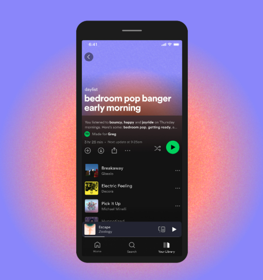 Spotify Daylist personalized playlist called “bedroom pop banger early morning”
