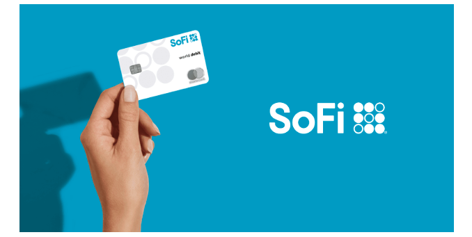 A blue background with a white person’s hand holding a credit card branded “SoFi” and the words “SoFi” to the right in white letters. 