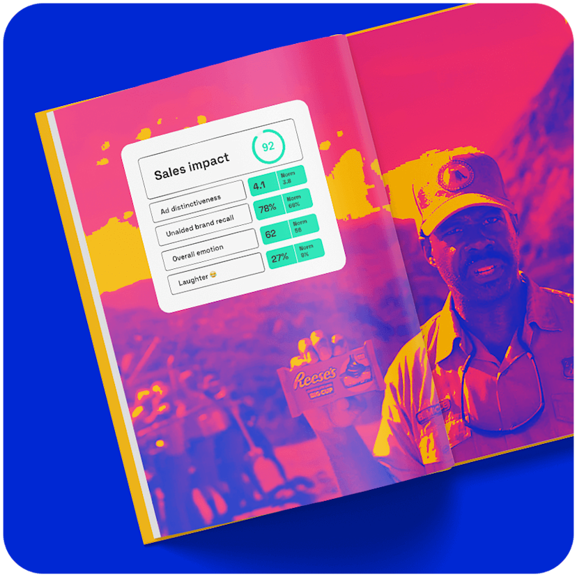 a blue square with the image of an open book, with one page that reads “Sales Impact 92, Ad distinctiveness, 4.1, Unaided brand recall 78%, Overall emotion 62, Laughter 27%” and the other page has an image of a black man with a mustache and a ball cap holding a package of Reese’s Big Cup candy. 