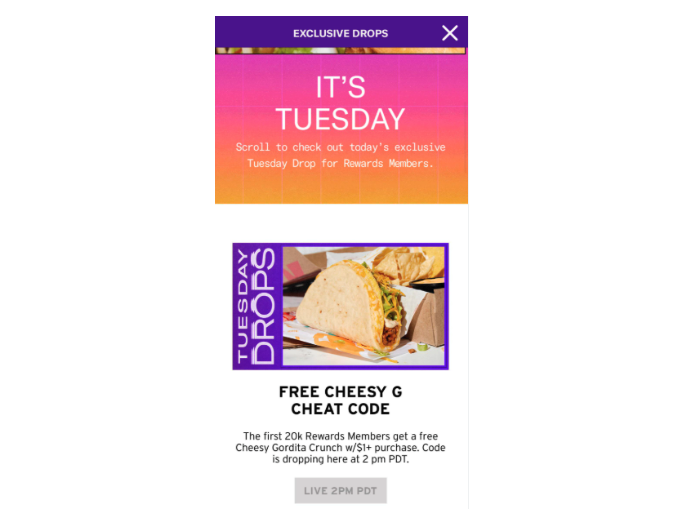 App screenshot from Taco Bell app showing Tuesday limited time menu offers on a purple and white background