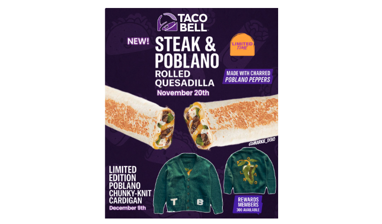 Taco Bell limited time steak and poblano quesadilla offer with poblano christmas sweater merch on purple background
