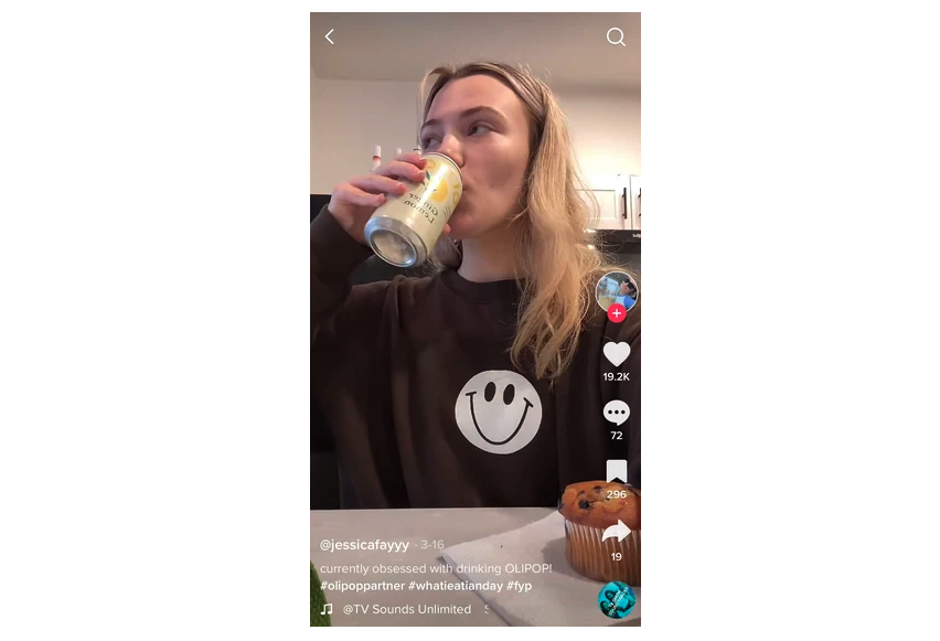 TikTok user promoting OLIPOP CPG brand for what I eat in a day trend