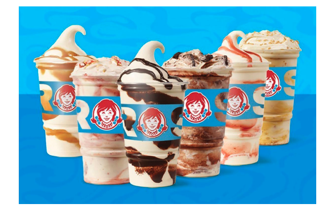 image of Wendy's new Frosty Swirls & Fusions flavors in a line on a blue background 