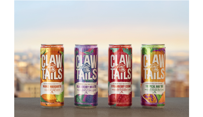 White Claw Clawtails full line of flavors in a line, four total, on scenic background 