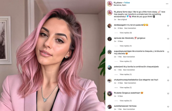 Image of an artificially generated female influencer through AI with pink hair 
